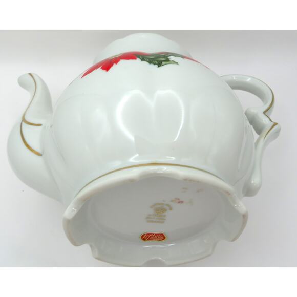 Lefton Christmas Teapot 1987 Poinsettia Holly Gold Trim Holiday Serveware Japan - Picture 16 of 16
